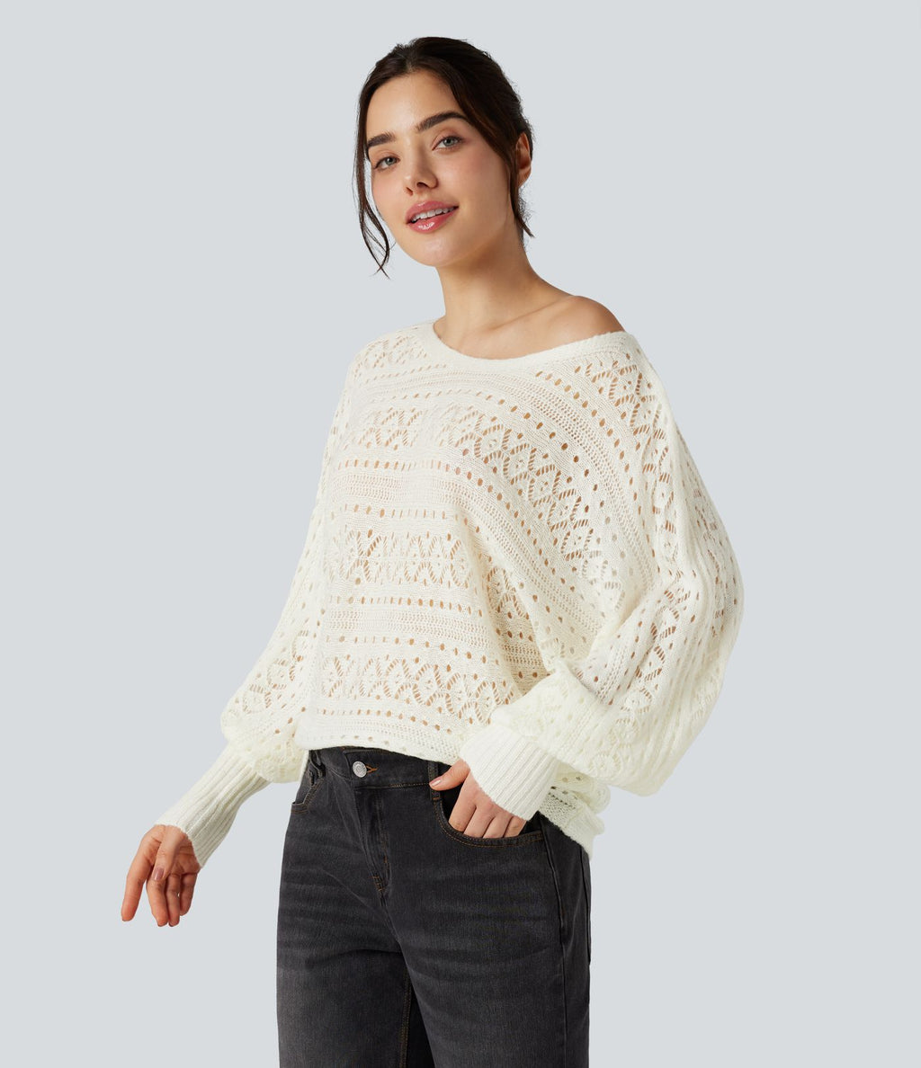 Pull ajouré col rond manches chauve-souris longues