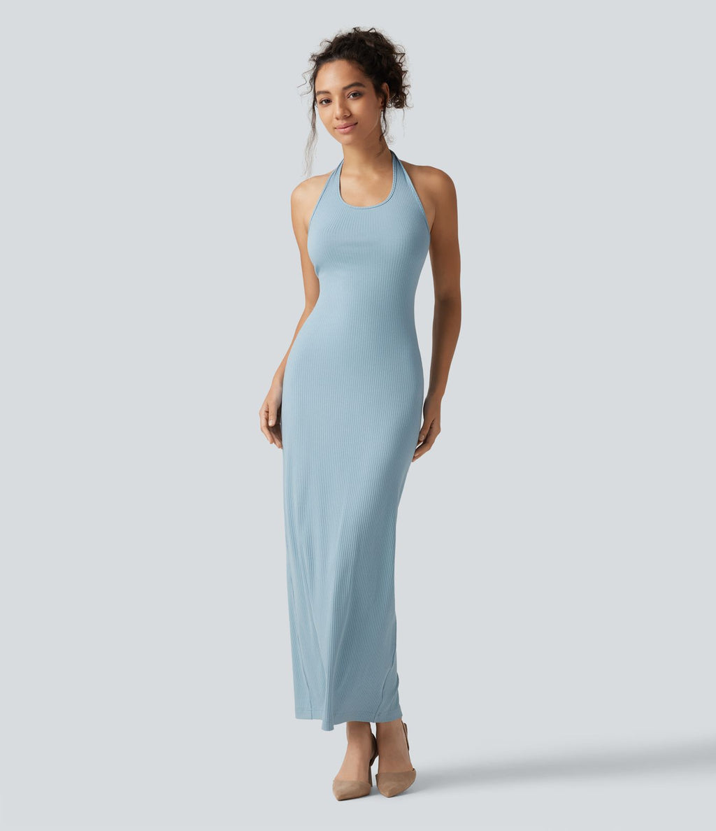 Robe midi moulante en maille côtelée à col halter