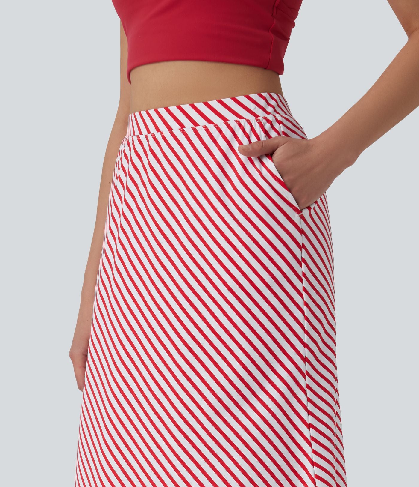 Jupe mi-longue casual à rayures taille haute avec poches