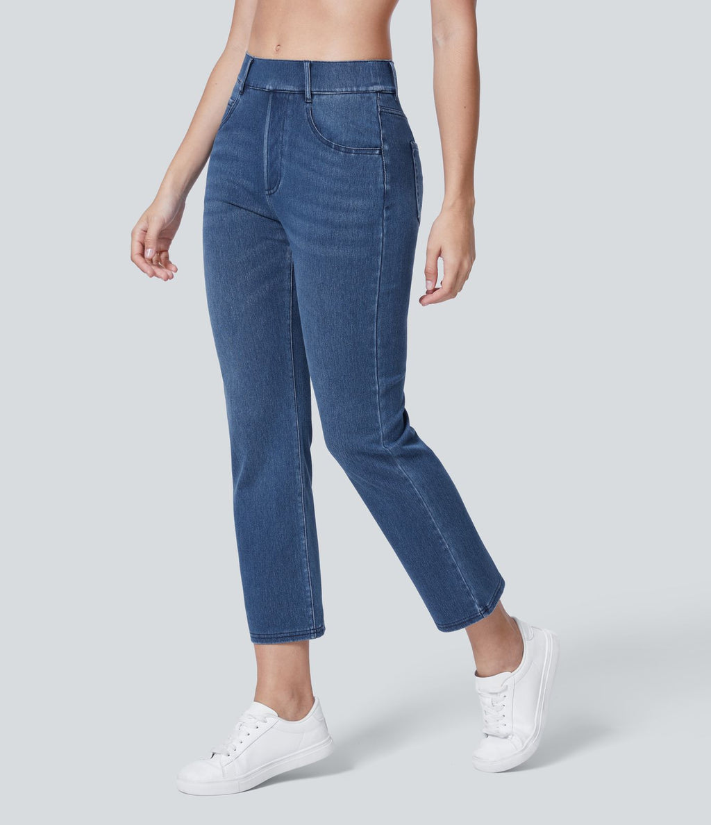 HalaraMagic™ Jean 7/8 Travail en Tricot Extensible Lavé à Jambes Droites et Poches Multiples à Taille Mi-Haute