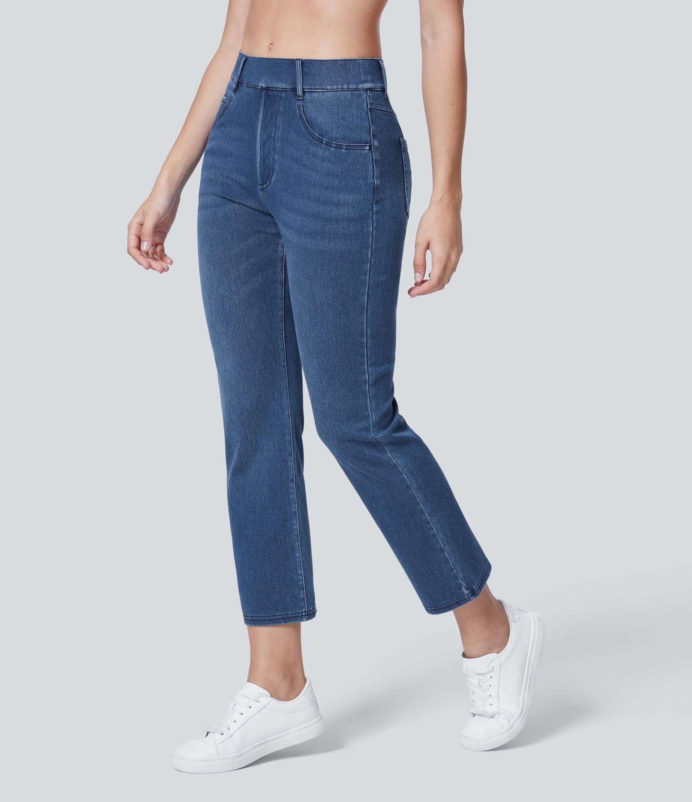 HalaraMagic™ Jean 7/8 Travail en Tricot Extensible Lavé à Jambes Droites et Poches Multiples à Taille Mi-Haute