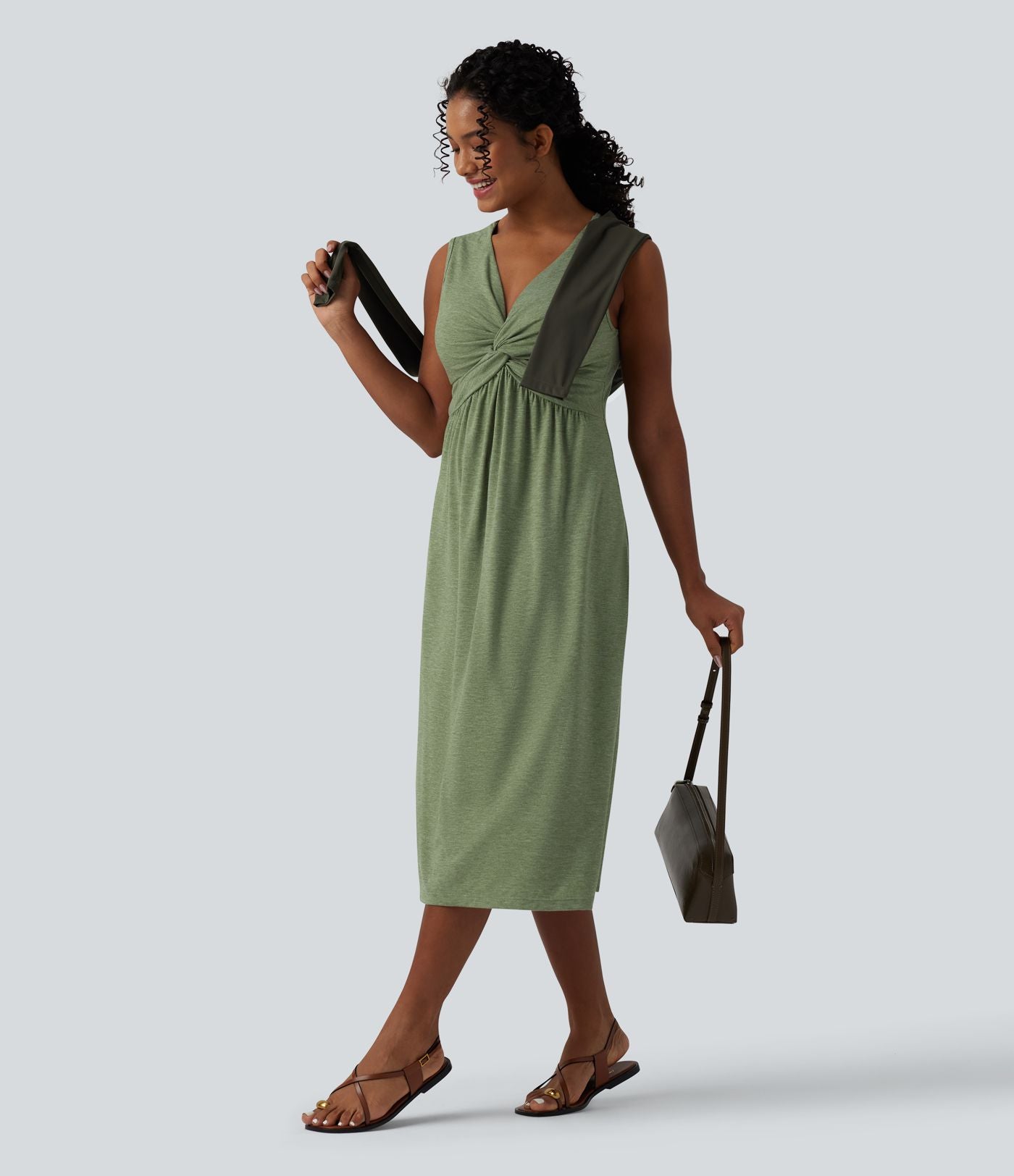 Robe midi évasée décontractée col V sans manches torsadée avec poches