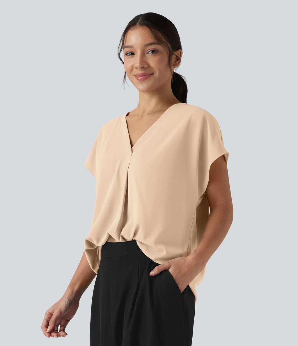 Blouse esprit bureau oversize défroissage facile, col V et manches courtes