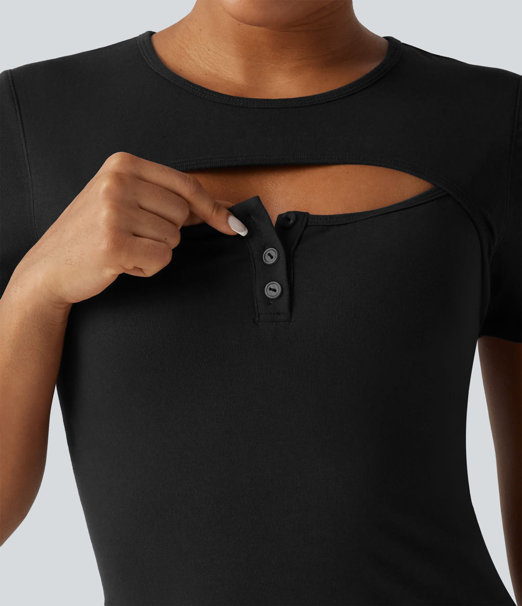 T-shirt en maille côtelée à col rond avec découpe et maintien intégré