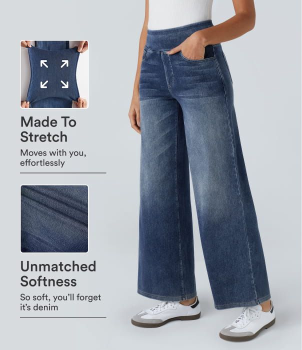 Halara Flex™ Jean Large Casual Taille Haute Poches Multiples Tricot Extensible Délavé
