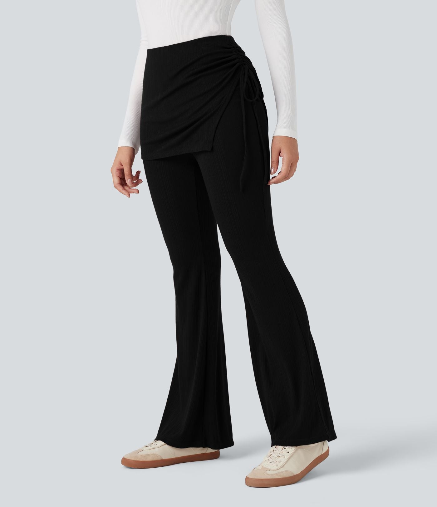 Pantalon évasé côtelé 2-en-1 froncé taille mi-haute avec cordon de serrage