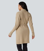Cardigan long col tailleur ceinturé manches longues avec poches