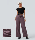 Pantalon jogging droit en coton molleton taille haute avec cordon et poches