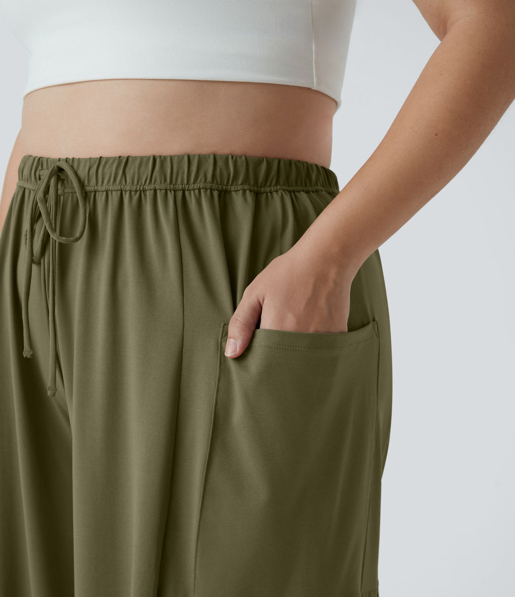 Pantalon Large Casual Taille Mi-Haute Taille Élastique Cordon Poches Latérales Ourlet Flottant Grande Taille