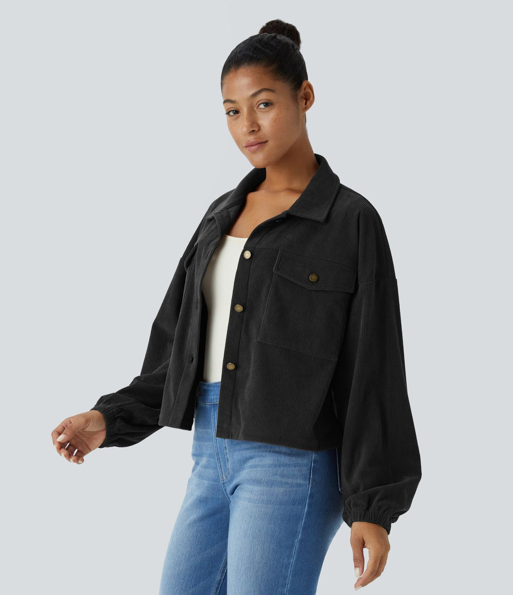 Veste décontractée en velours côtelé à col, boutonnage, manches longues et poches poitrine
