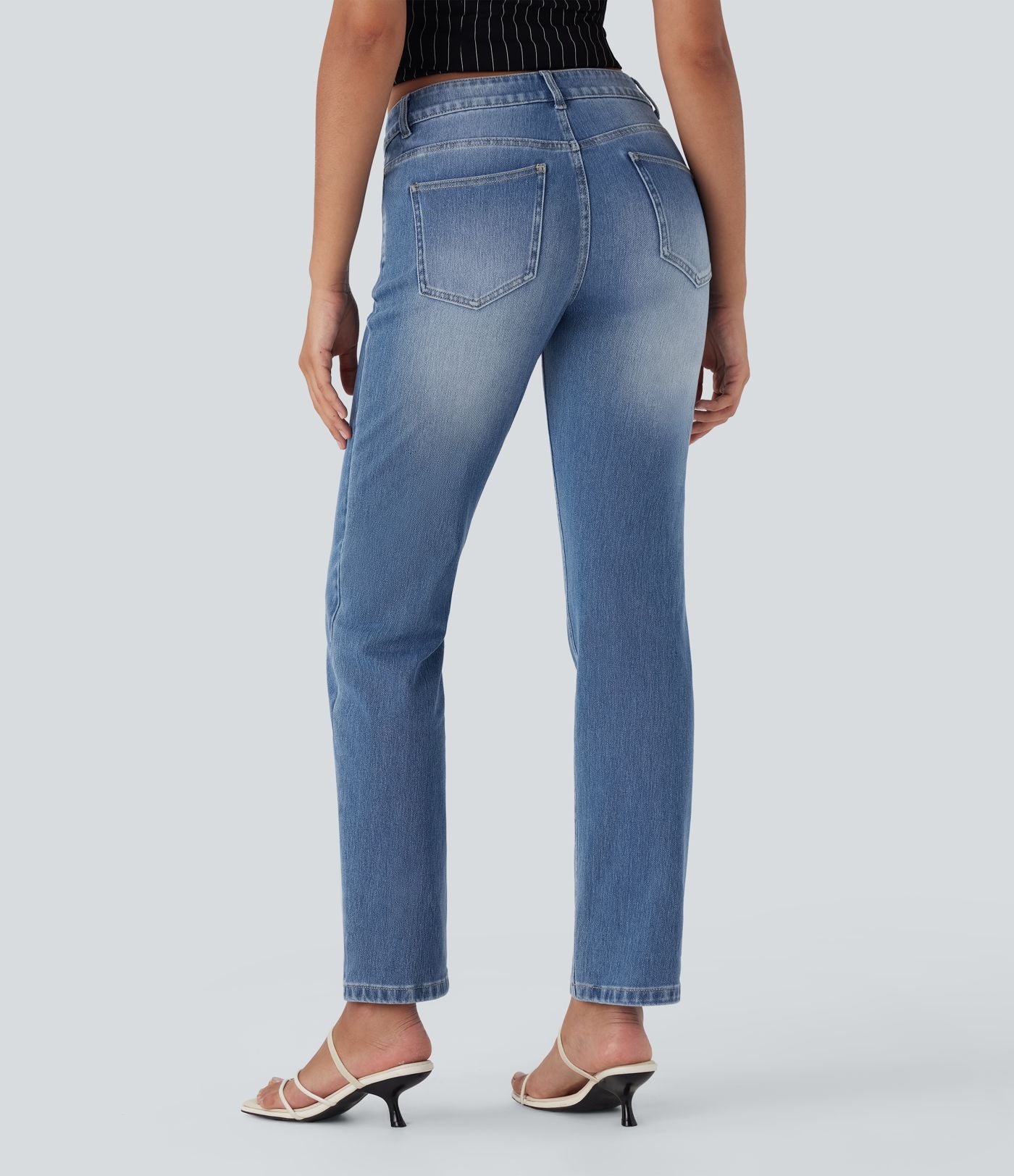 Jean décontracté Halara Flex™ taille basse à jambes droites avec bouton, fermeture éclair, multiples poches, effet délavé en maille extensible