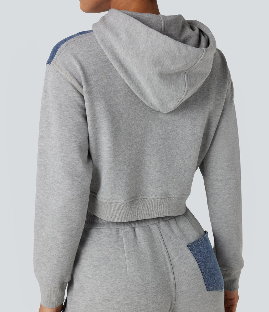 Veste en jean patchwork à capuche avec cordon de serrage et manches longues Halara Flex™