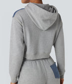 Veste en jean patchwork à capuche avec cordon de serrage et manches longues Halara Flex™