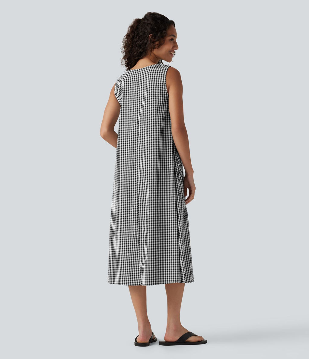Robe débardeur midi décontractée en vichy froissé, col rond, sans manches, à poches