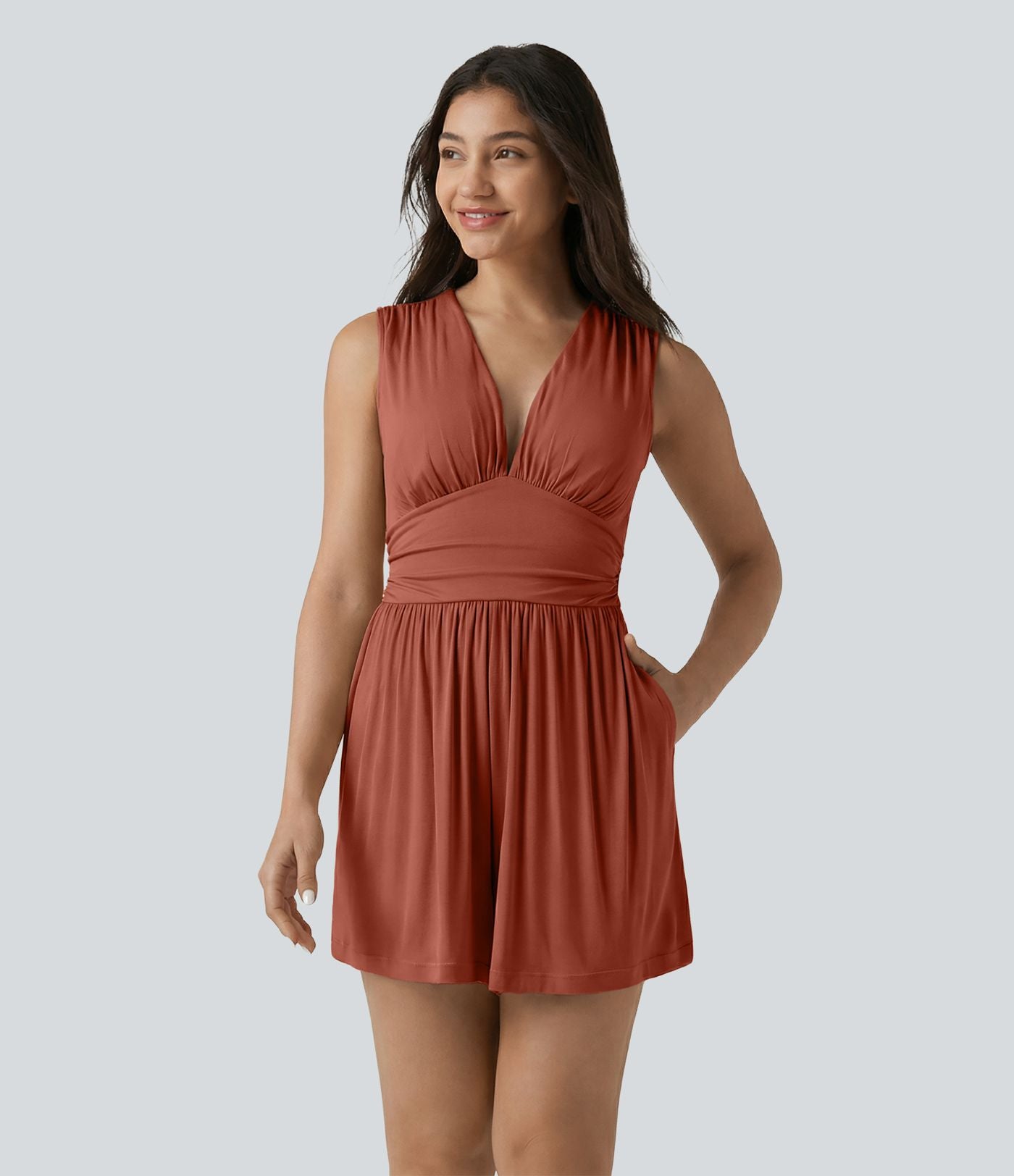 Combishort casual côtelé sans manches col V, fronces et soutien-gorge intégré, avec poches – Easy Peasy