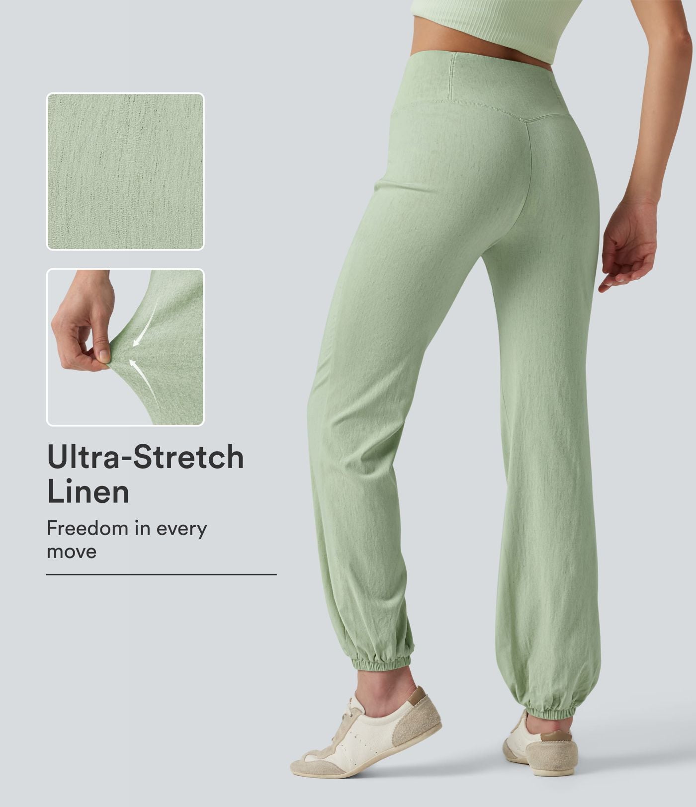 Jogging bouffant casual en lin extensible à taille haute croisée avec poches
