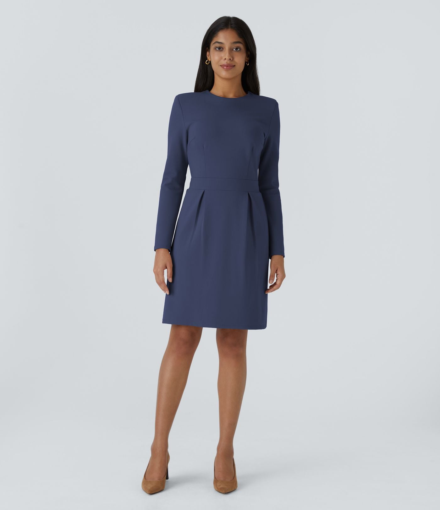 Robe de travail mini ajustée col rond à épaulettes à manches longues et ourlet