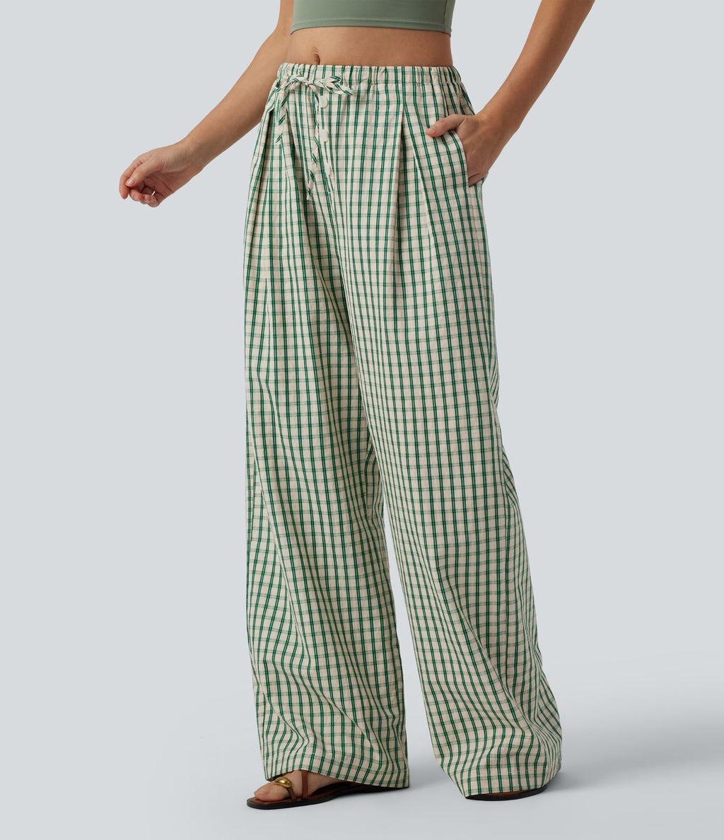 Pantalon large décontracté à carreaux taille mi-haute avec cordon de serrage et poches