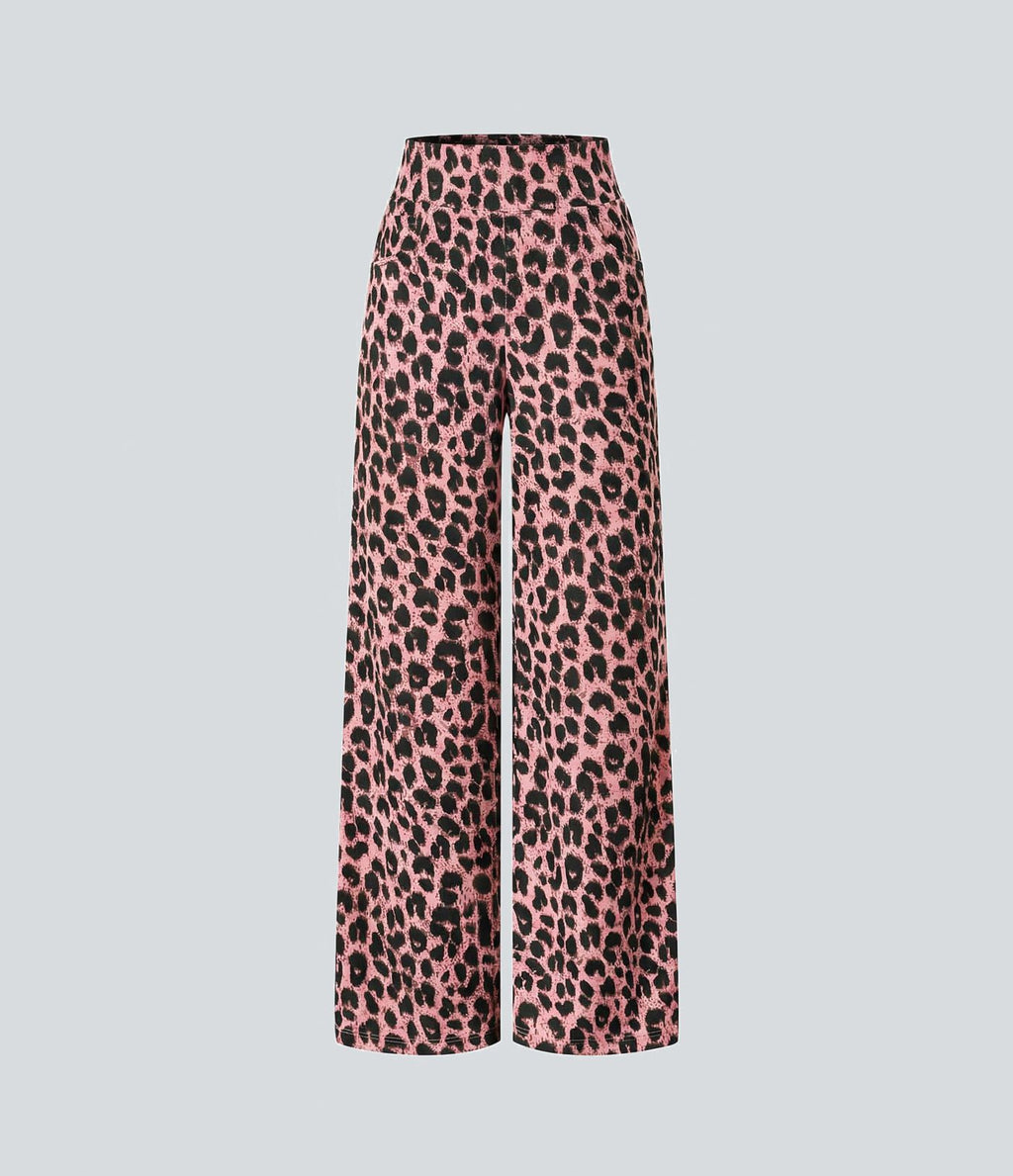 Pantalon large décontracté taille haute gaufré imprimé léopard avec poches
