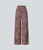 Pantalon large décontracté taille haute gaufré imprimé léopard avec poches