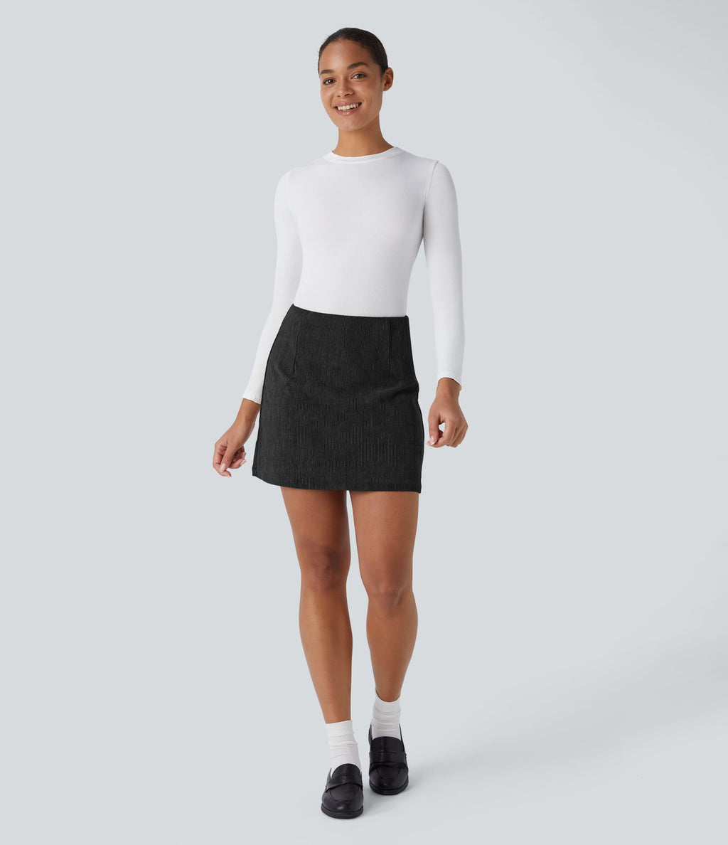 Jupe décontractée 2-en-1 en velours côtelé à taille haute, coupe évasée, longueur mini allongée et zip invisible