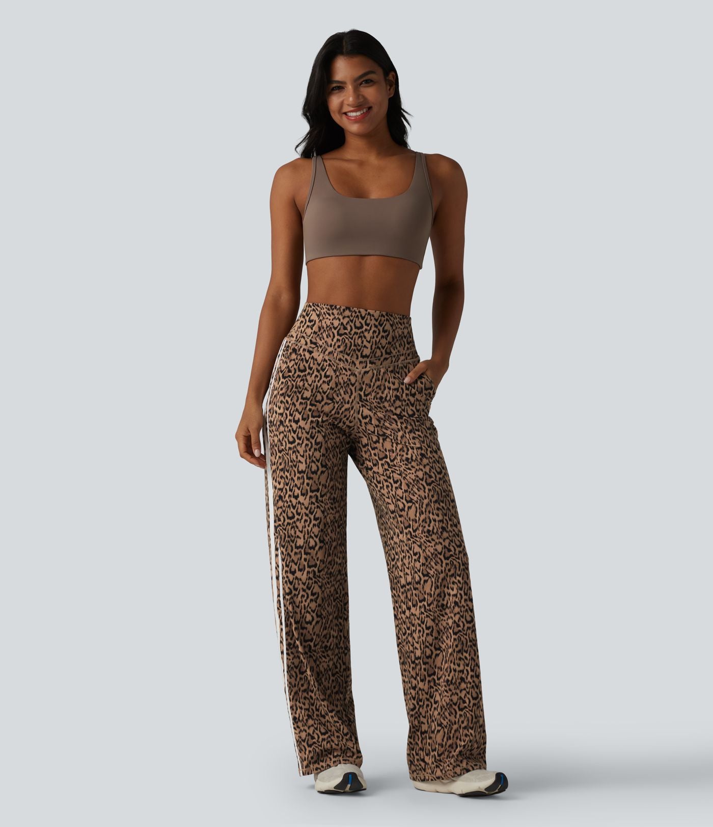 Halara UltraSculpt™ Pantalon de yoga droit taille haute imprimé léopard ventre plat avec bandes latérales et poches