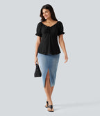 Blouse décontractée col V manches courtes bouffantes lacée ajourée