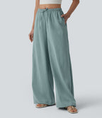 Pantalon large décontracté taille mi-haute avec cordon de serrage aspect lin avec poches