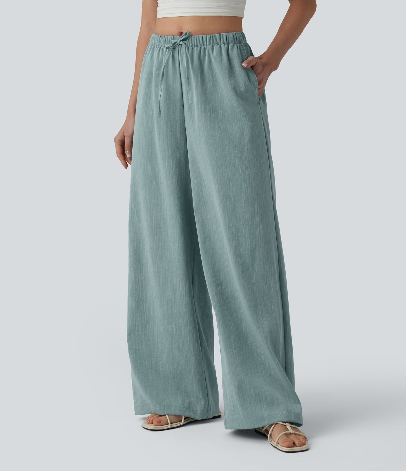 Pantalon large décontracté taille mi-haute avec cordon de serrage aspect lin avec poches