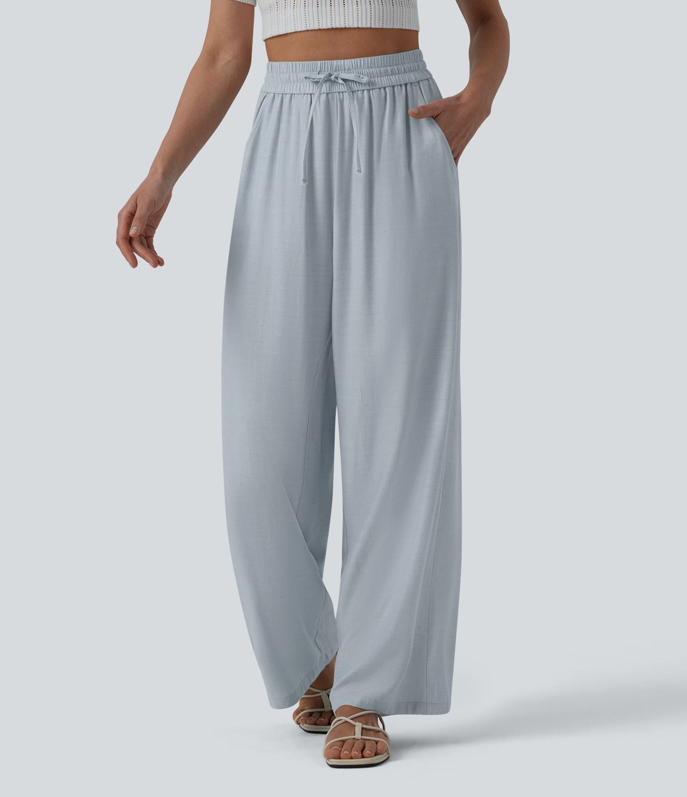 Pantalon casual large fluide mélange lin taille haute avec cordon de serrage et poches