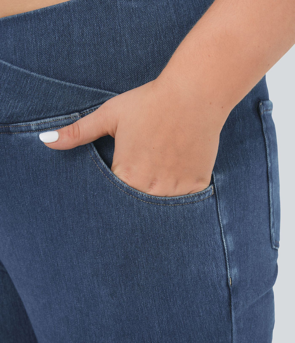Jean super évasé Halara Flex™ grande taille en maille denim extensible délavée taille haute avec poches croisées effet frais InstantCool respirant