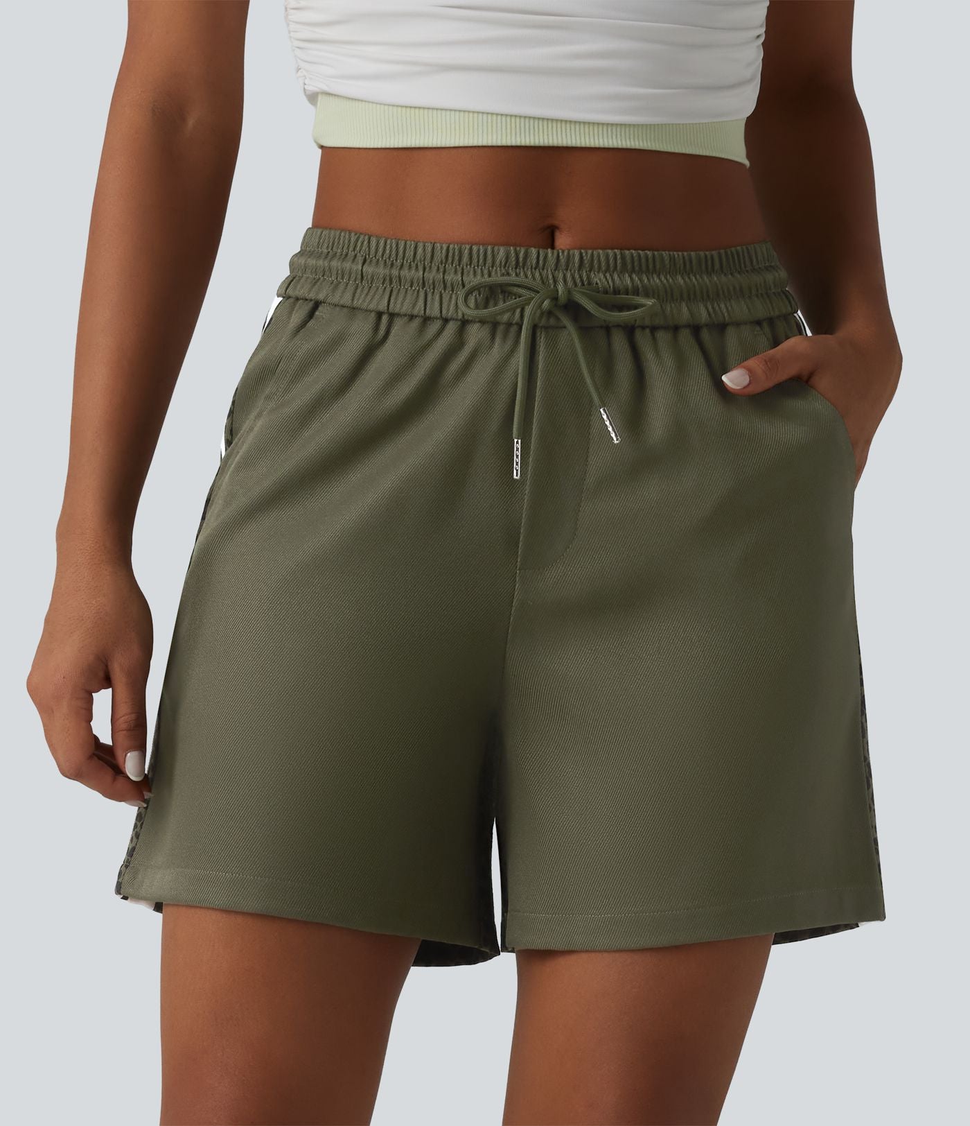 Short ample décontracté à taille mi-haute, cordon de serrage, rayures color block, imprimé léopard contrastant, 12,5 cm, avec poches