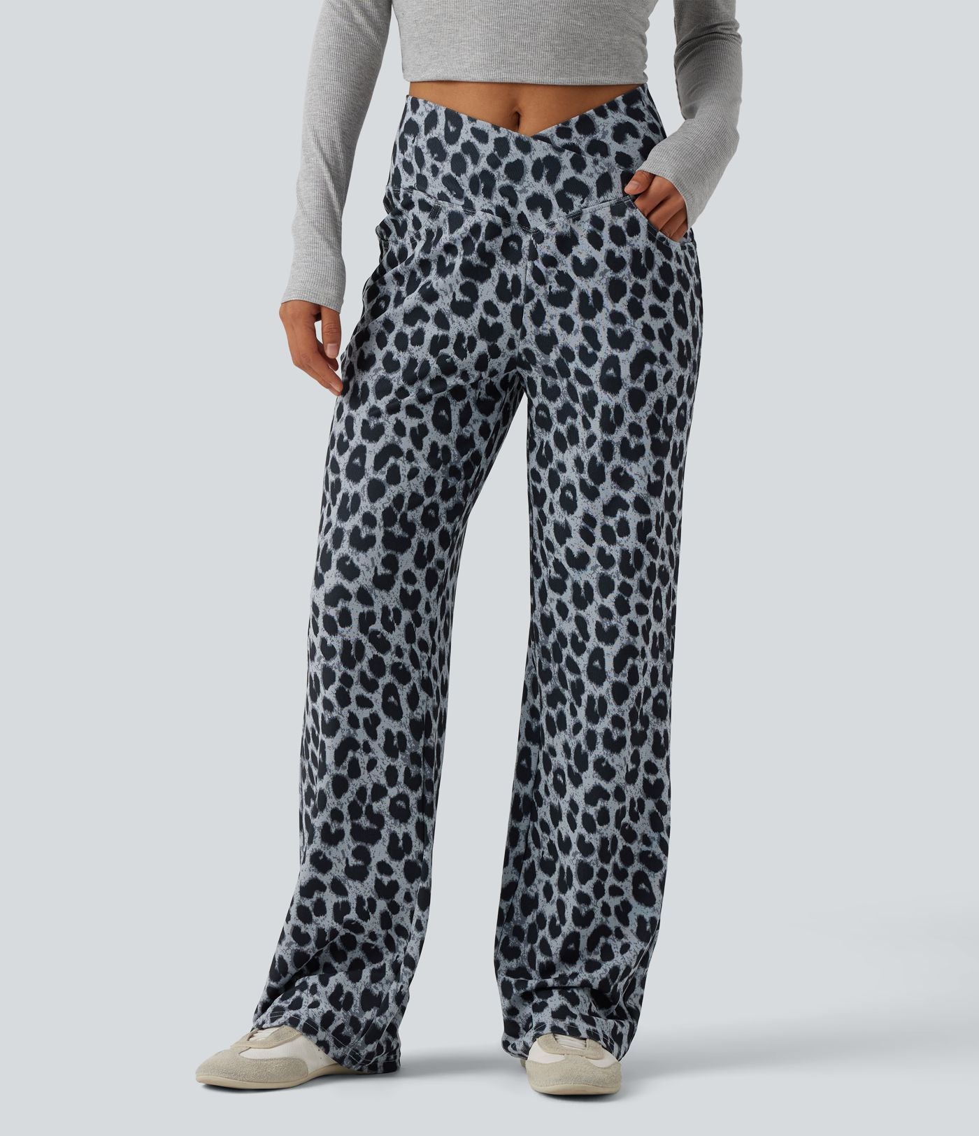 Pantalon large décontracté taille haute croisé imprimé léopard en tissu gaufré avec poches