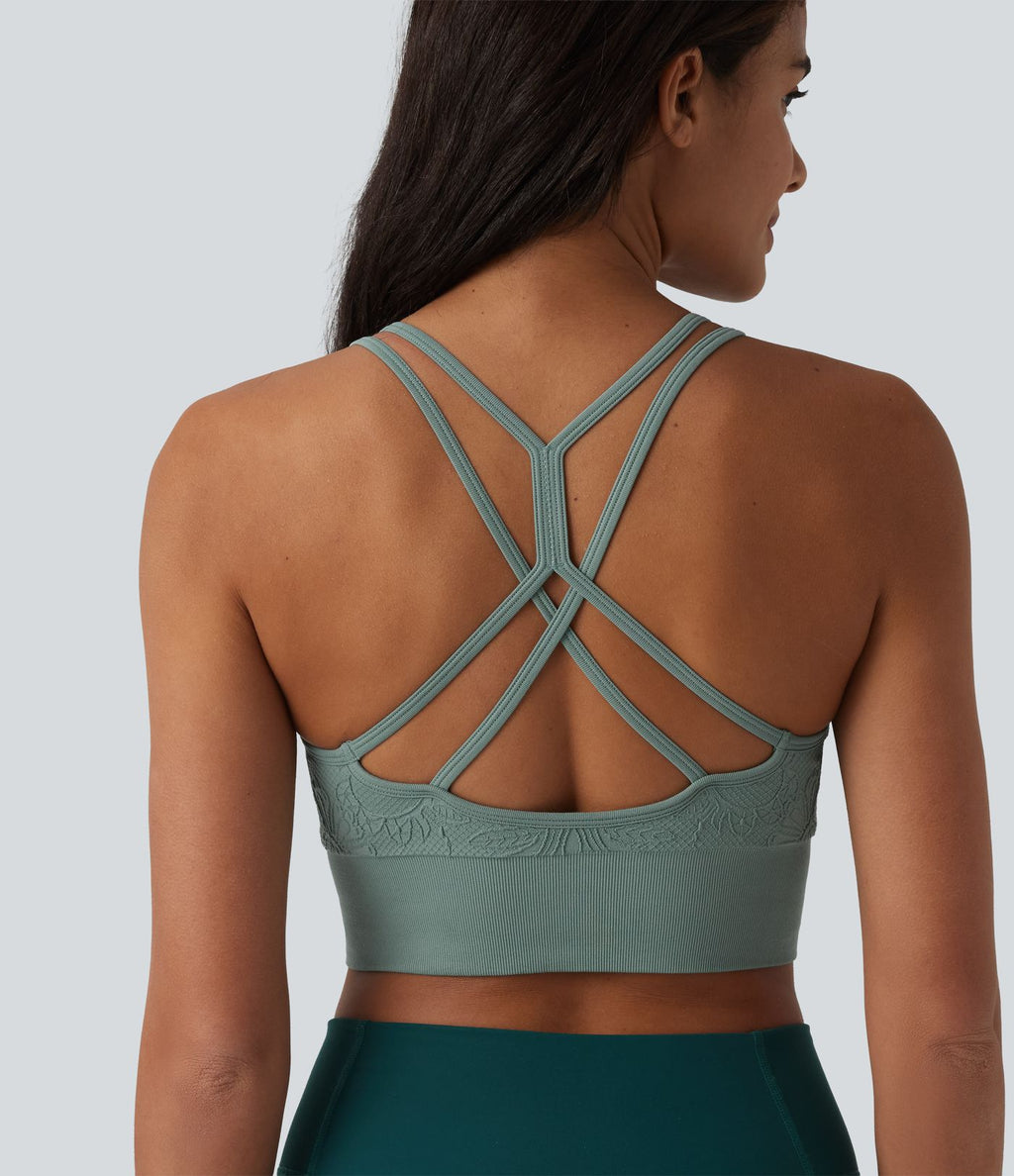OneForm Débardeur court de yoga sans coutures jacquard dos nu croisé froncé soutien-gorge intégré