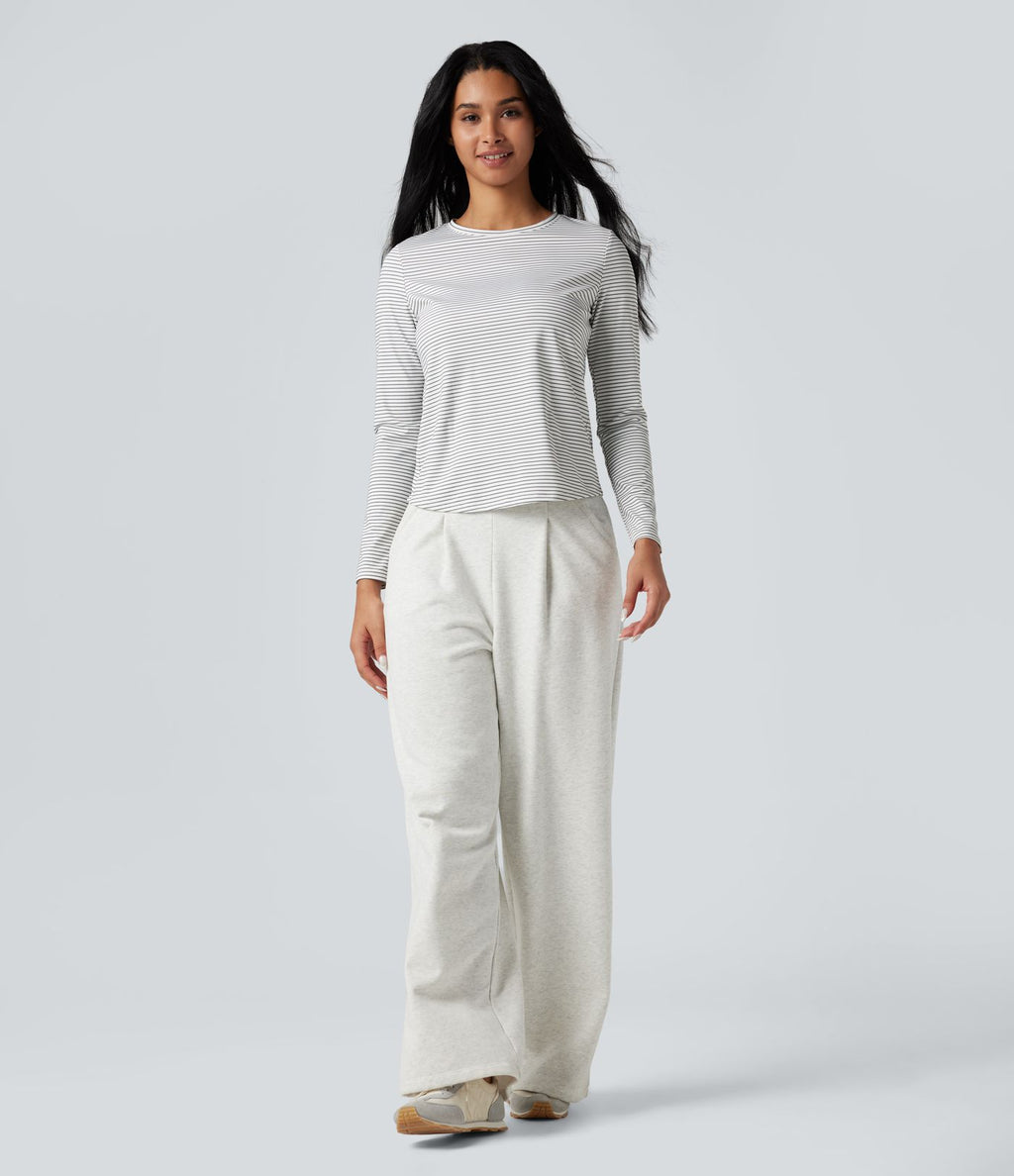 Top de sport yoga rayé ourlet arrondi col rond manches longues
