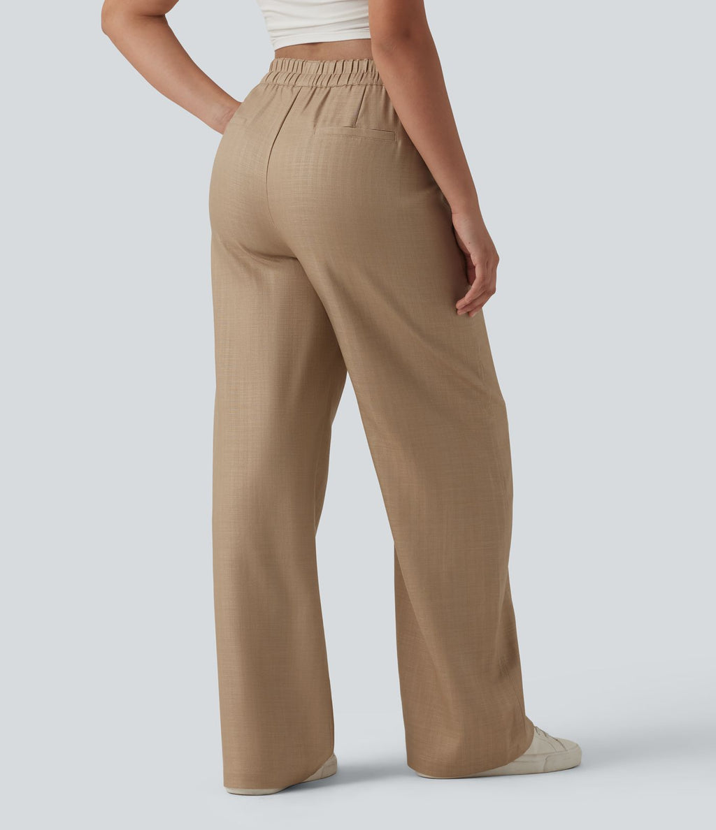 Pantalon large fluide décontracté en lin mélangé taille haute avec cordon de serrage et poches