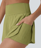 Softlyzero™ QuickDry Short de course à pied 2-en-1 taille haute à ourlet croisé avec pois réfléchissants et poches latérales