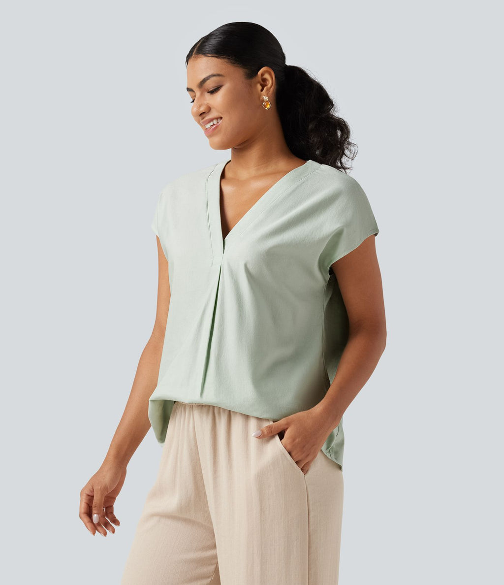Blouse décontractée col V à mancherons en coton et lin