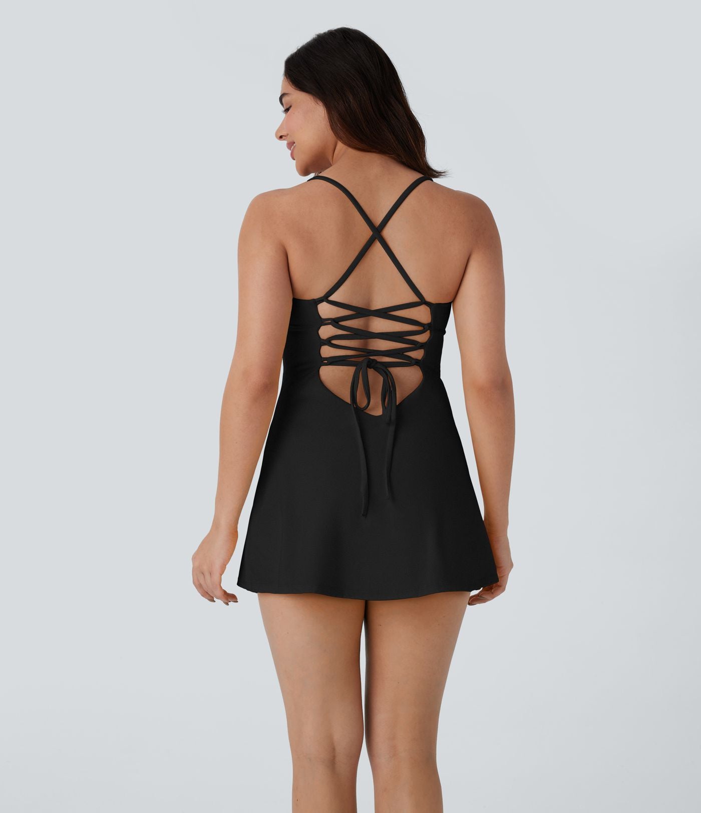 Softlyzero™ Robe-slip Sport 2-en-1 mini aérienne pour danse, effet fraîcheur, dos nu, laçage croisé et poches latérales