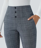Halara Flex™ Pantalon tailleur Cintrés à Taille Haute avec Boutons Décoratifs Poches Latérales et Imprimé Pied-de-Poule