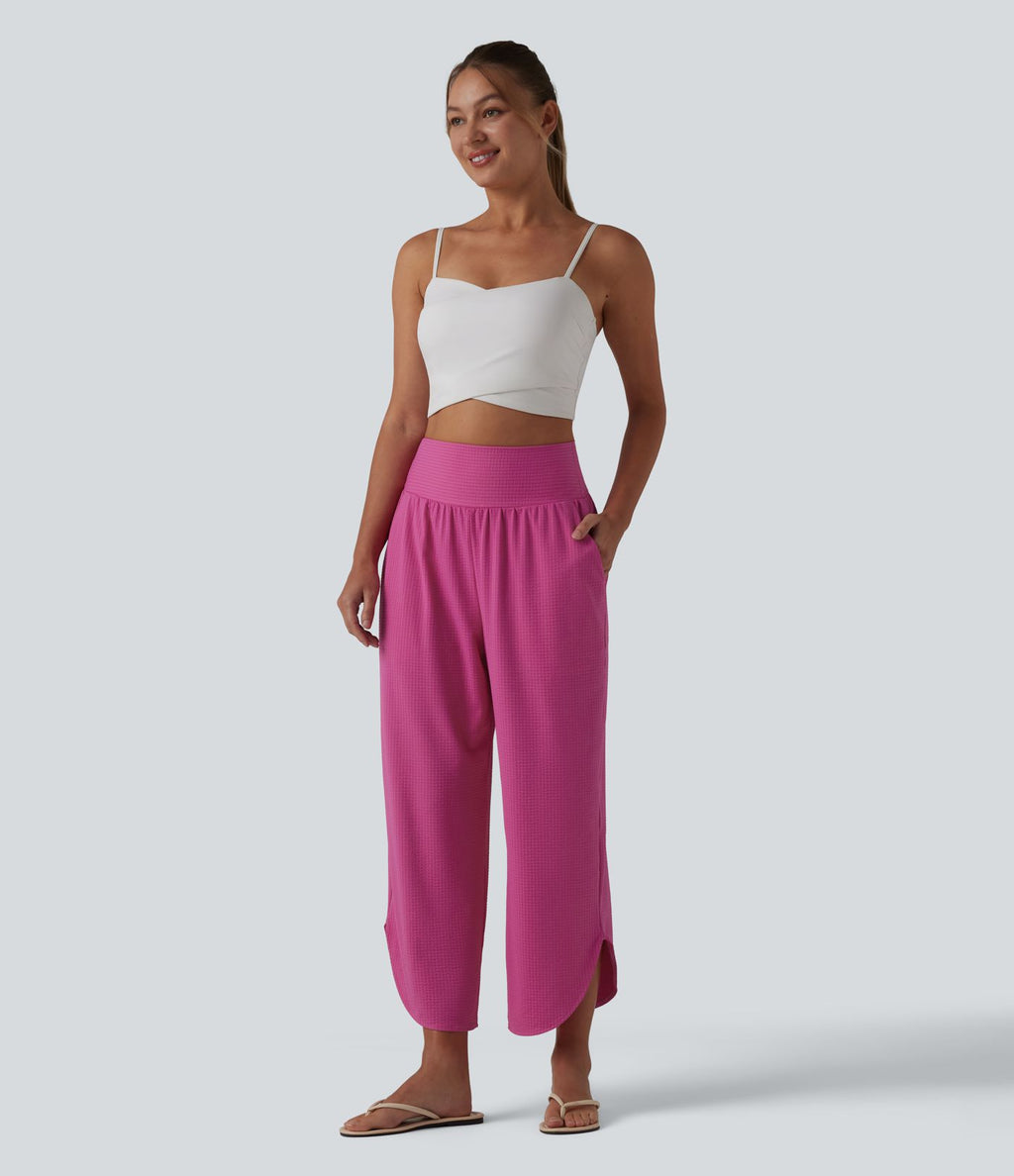 Pantalon décontracté taille haute ventre plat à rayures séchage rapide avec poches - UPF40+