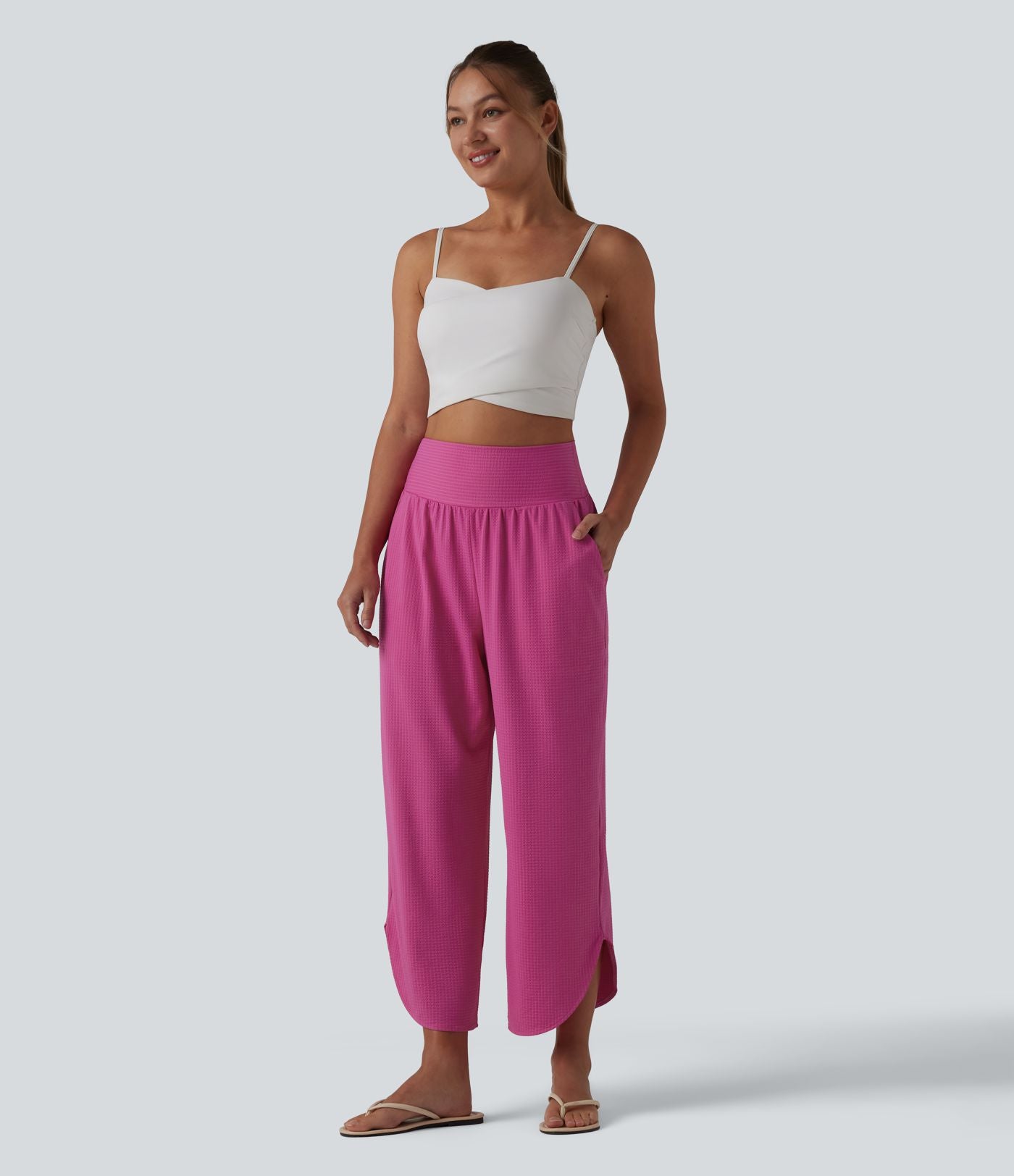 Pantalon décontracté taille haute ventre plat à rayures séchage rapide avec poches - UPF40+