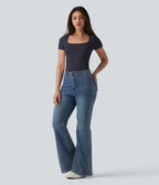 Body moulant décontracté dos nu torsadé col en U manches courtes