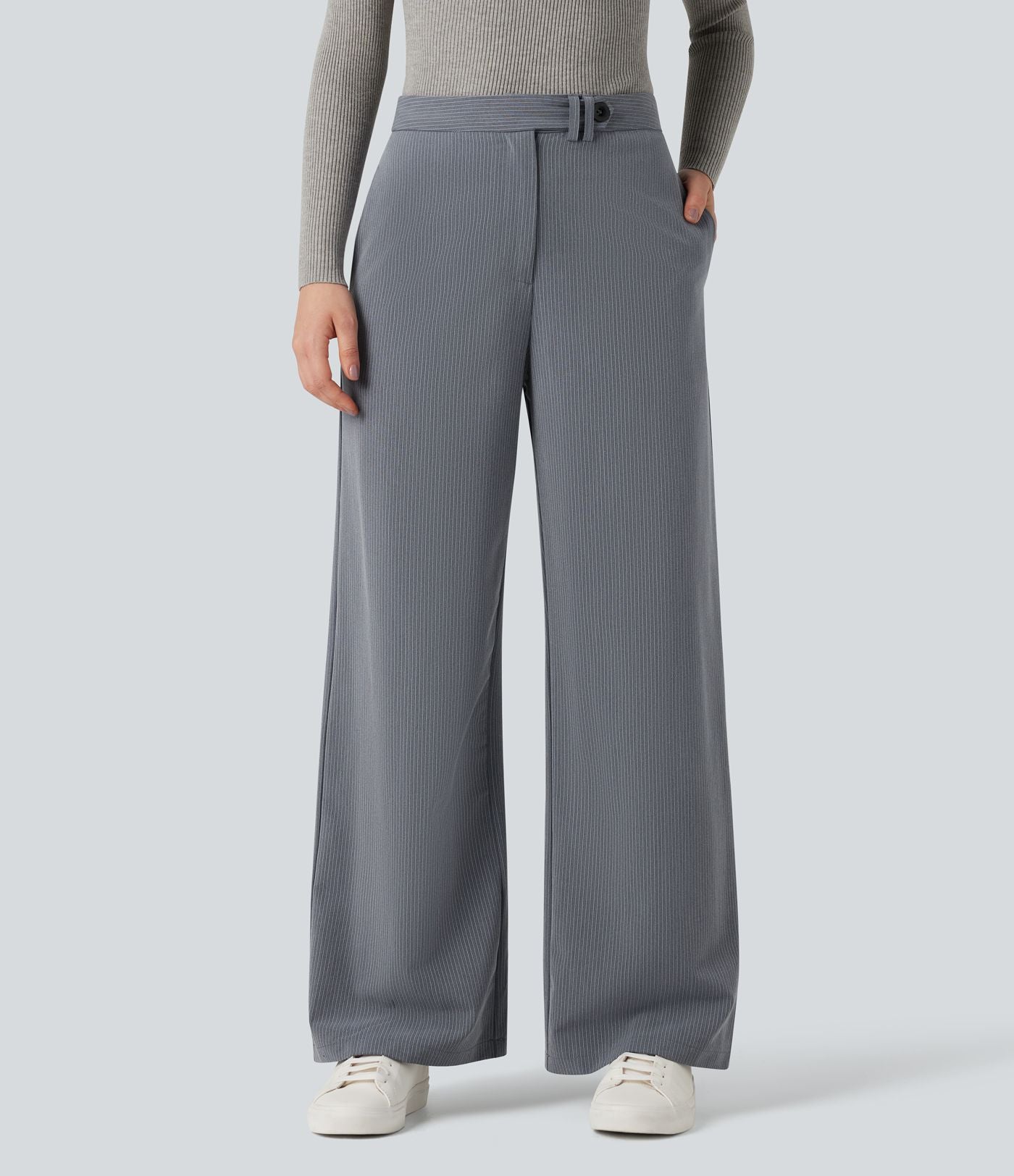 Pantalon tailleur rayé coupe droite taille haute avec poches