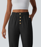 Pantalon casual en coton et lin coupe fuselée taille haute avec poches
