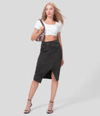 Halara Flex™ Jupe Midi Casual Taille Haute avec Ourlet Fendu en Denim Tricoté Élastique