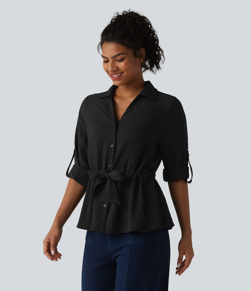 Chemise effet lin esprit bureau à revers, manches retroussées et lien à nouer