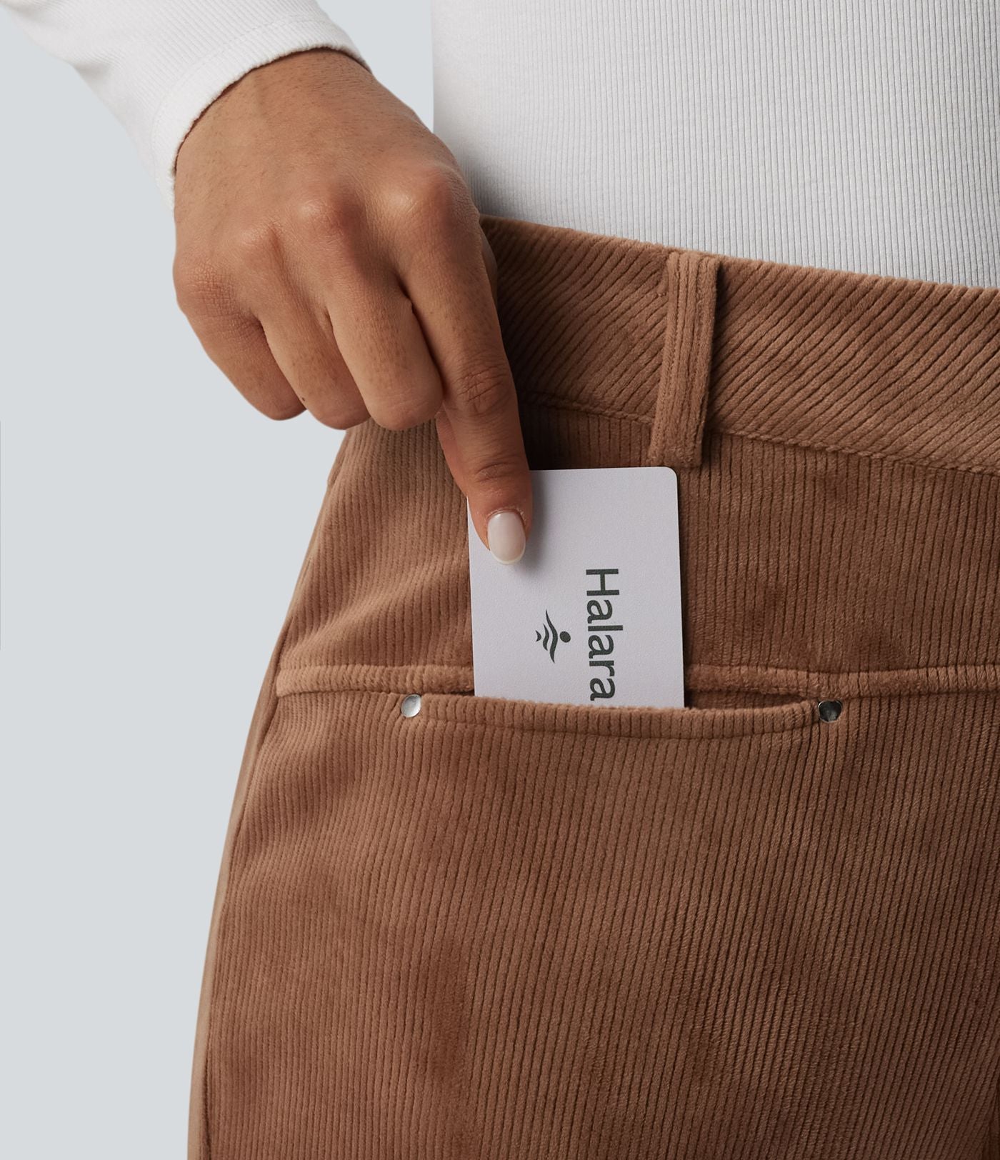 Pantalon droit casual en velours côtelé molletonné taille mi-haute avec poches