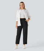 Pantalon décontracté fuselé effet lin taille haute infroissable avec cordon et poches