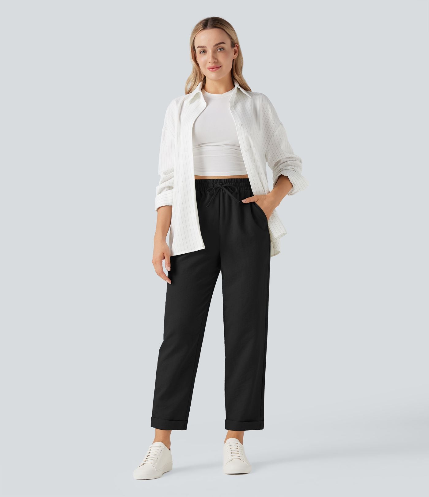 Pantalon décontracté fuselé effet lin taille haute infroissable avec cordon et poches